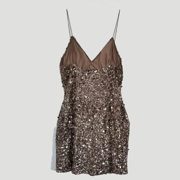 CACHE Bronze Silk All-Over Sequins Cocktail Dress Sz 12 - Picture 4 of 8